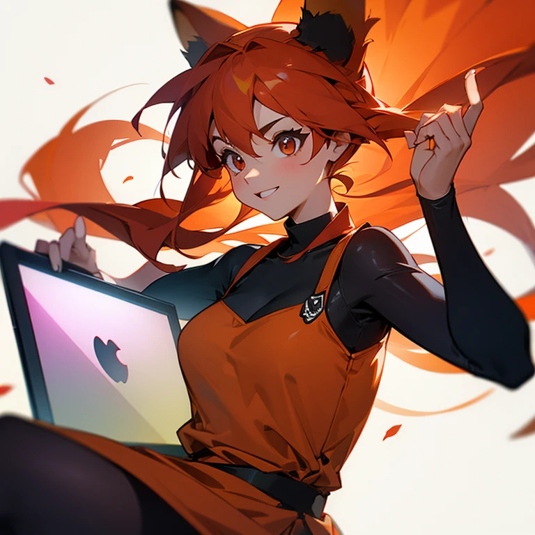 A female PC instructor dancing with a red panda while holding a laptop