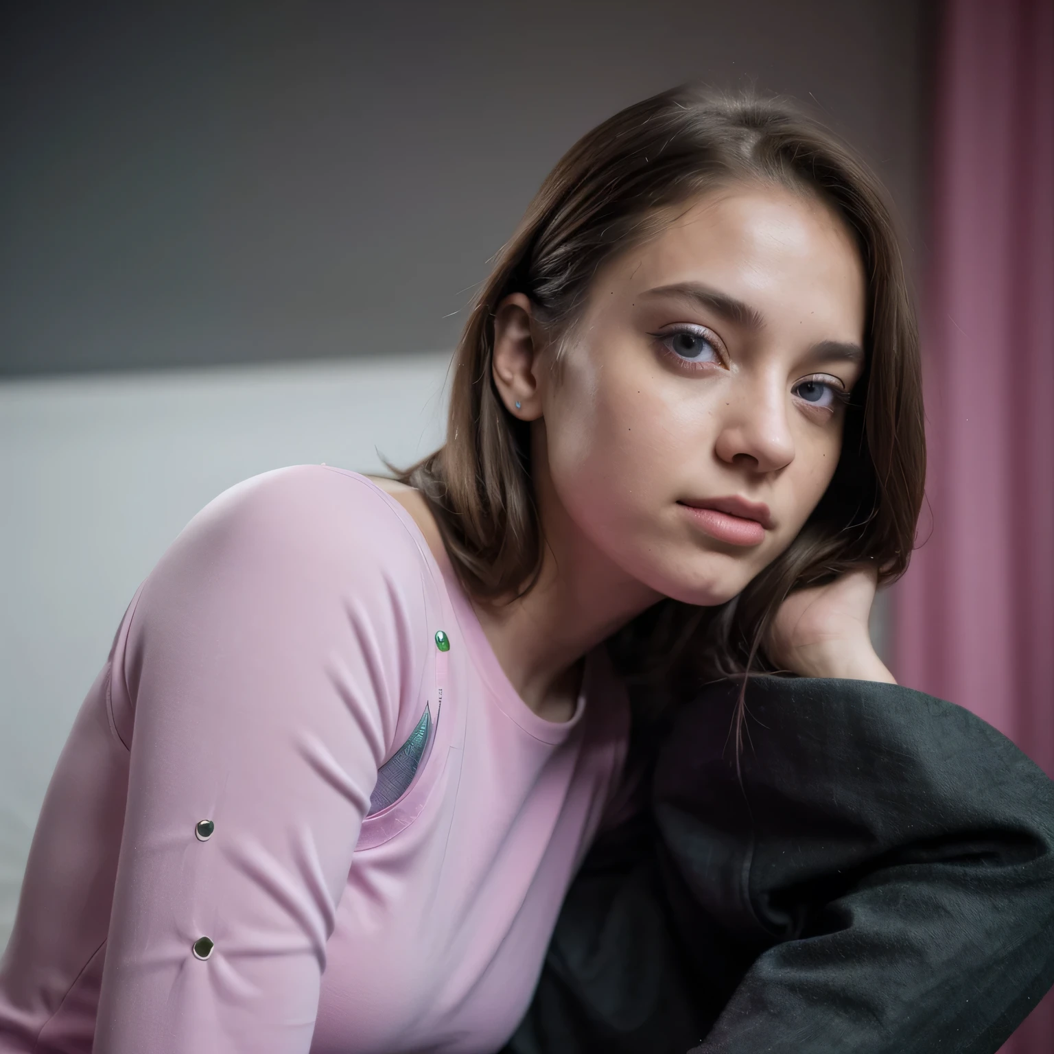Photo of a college student, Purple Pink, Futuristic space suit, (freckle:0.8) Cute face, Science Fiction, Dystopia, Delicate eyes, Green pupils((side view))