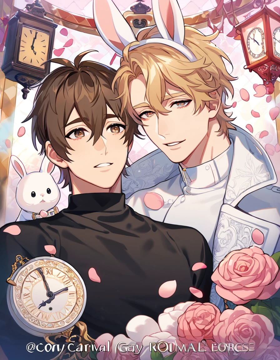 absurdres, highres, ultra detailed, HDR, master piece, best quality, perfect face, beautiful eyes, delicate features, Quincy, blond messy hair, expressive amber eyes, Nu Carnival, Eiden, brown hair, expressive brown eyes, two men together, gay couple, handsome, white bunny ears, white coat, black shirt, patterns, in wonderland, clock, pink roses, pink petals, pink lanterns