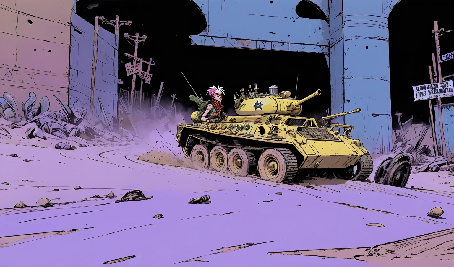 (Tank Girl) videogame, dive into the game world of outlaws in post-apocalyptic Australia desert. rich color hues, cel shading, joelle jones style reference, bold expressive ink lines, sense of speed and movement, tank girl in motion on her high speed tank, drifting across the sand causing dirt to kick up into the air