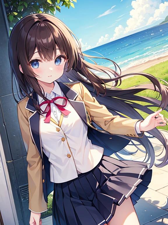 High school girls、Brown Hair、Long Hair、uniform、Summer clothes、blazer、Blue ribbon、Wind、Skirt flipped up