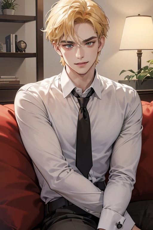 (masutepiece, Digital Art, Digital Illustration, 4K, 8K, Ultra-detailed, beautiful image, Sharp Image, Photorealistic, Raw photo, Perfect face, Perfect lines, Perfect eyes, Soft lighting) 1 male human, (a blond,Brown eyes,hair between eye,hair messy,short-hair,deadpan,Goofy face,Parallel eyebrows,Narrow-eyed,kindly smile,ember,28 years old:1.3),Handsome men, (ember,Business Shirt,neck tie,Thin macho,Firm shoulder width,Adult male:1.2),small plants,Sleepy face,Frantically opening your eyes,Loosen your tie,5 minutes before work,Living alone in a 1LDK,Hairstyle check,inside in room,Simple sofa,Double sofa