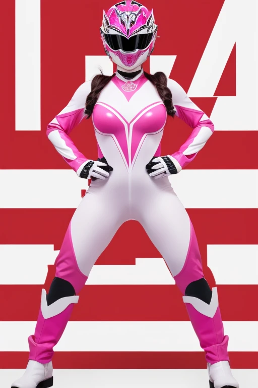 Tabletop, Super Detail, highest quality, High resolution, , ((Anatomically correct)), Power Ranger, ((One Girl)), (alone), A full-face helmet that covers the face and buttocks, Pink full body suit, Large emblem on the chest, Thick suit lines, internal, the suit is pink、Long gloves and boots are white, kick, Action pose, Combat pose, Huge breasts,Big Ass