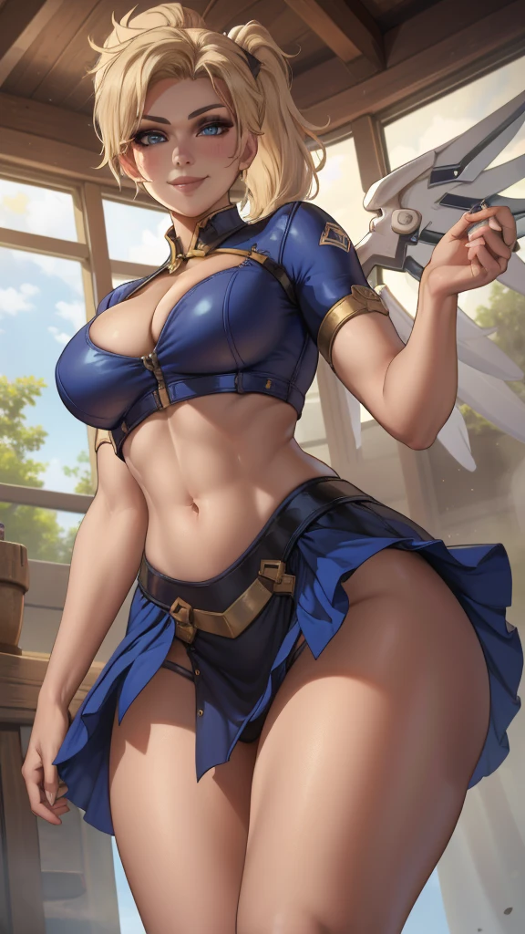 1 girl,(solo), (cowboy shot:1.4), (masterpiece:1.2), (best quality:1.2),looking at viewer,dynamic pose, (ultra detailed),realistic, perfect eyes,blue eyes,short blonde hair,high short ponytail,Mercy,wings,crop top, curvy,(from below:1.3), (skirt lift),sfw,smile, cleavage, panties,(devil costume),