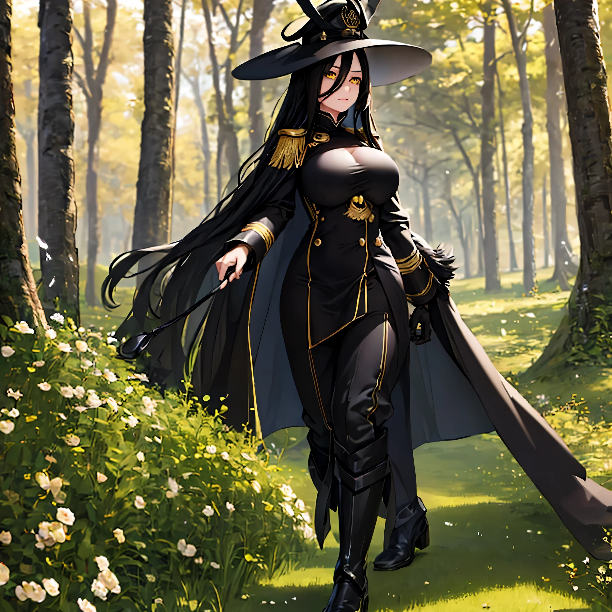 A woman wearing a black imperial Prussian uniform, black pants, black boots, black cape, black shako hat with gold details and a skull, long black hair, yellow eyes, large breasts, walking in an open field with trees in the background., (woman solo), HDR, ultra resolution, sharp, masterpiece, 8K HD
