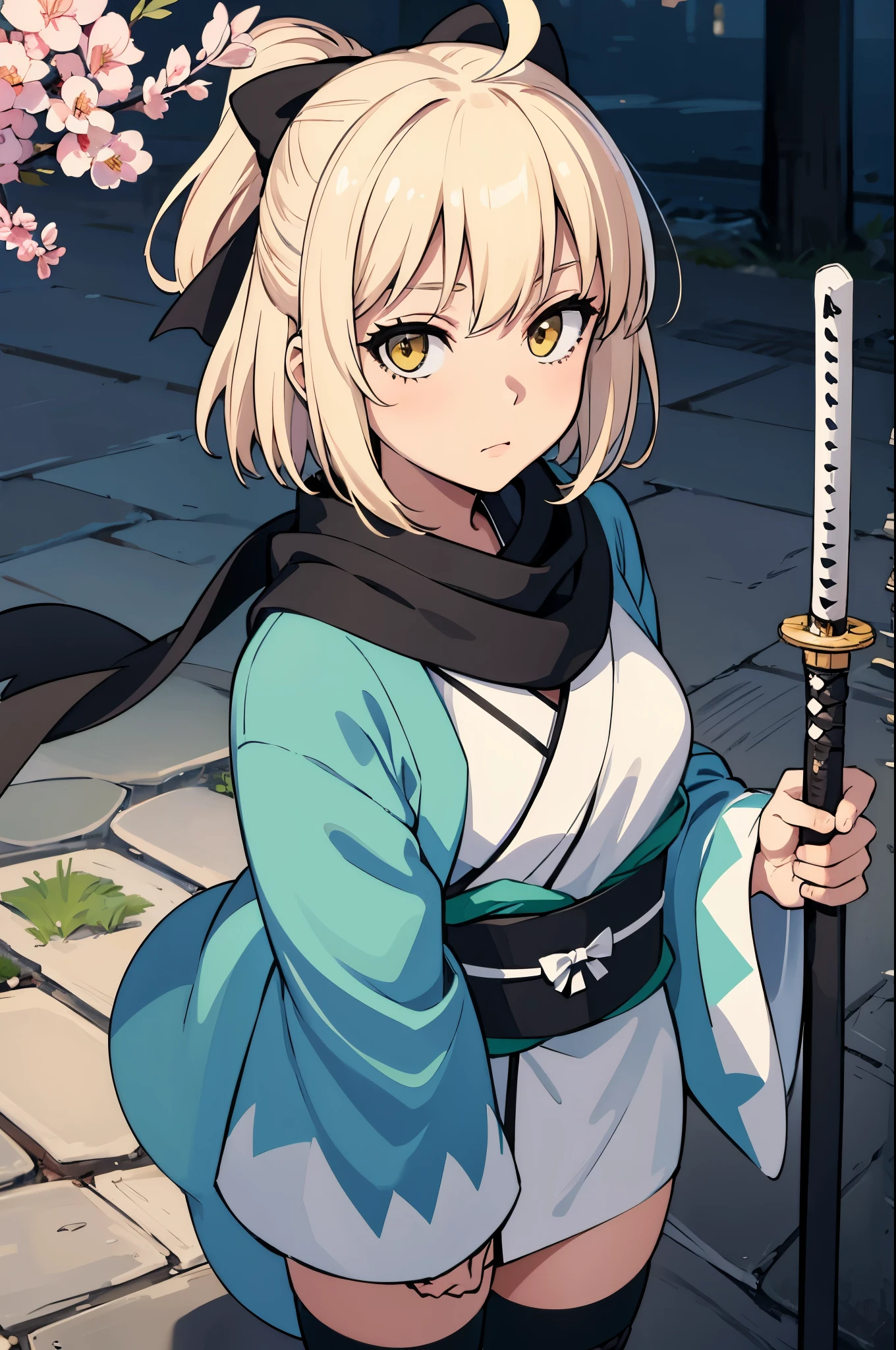 (masterpiece, best quality:1.2), expressive eyes, perfect face, highres, 1girl, solo, OkitaSouji, arm guards,wide sleeves,toeless legwear,bangs,obi, white kimono, shinsengumi, black thighighs, yellow eyes,thighhighs , short kimono, haori, black bow, black scarf, short hair, ahoge, scarf, blonde hair, hairbow,bow, kimono,japanese clothes standing,upper body, looking at the viewer
