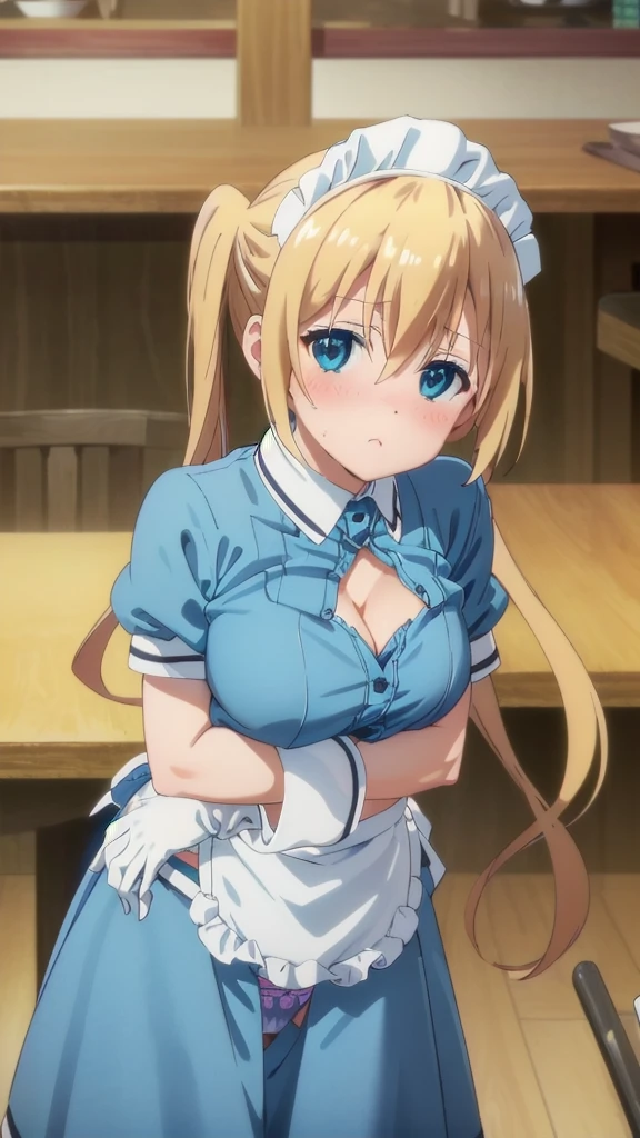 masterpiece, best quality, highres, kaho hinata, maid, maid headdress, waist apron, (blue shirt, blue skirt:1.2), short sleeves, white gloves, looking at viewer, crossed arms, pout, blush, cafe, (cleavage), (showing panties:1.3),(lean forward:1.3), (ass up), indoors