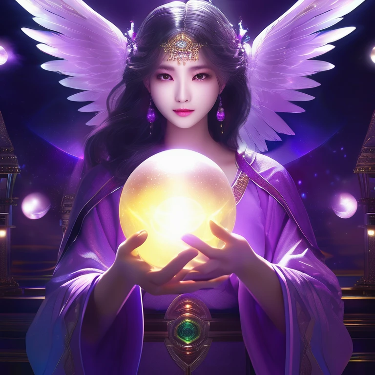 Purplish color、An angelic enchanting god with wings、Holding a glowing sphere in your hand　Staring straight into the camera， in the center，Very bright color, Light Particles, The light shines, Musibu, Wallpaper Art, UHD Wallpaper、Background purple、Mysterious、Impersonal、cart、Upper body close-up、fortune teller