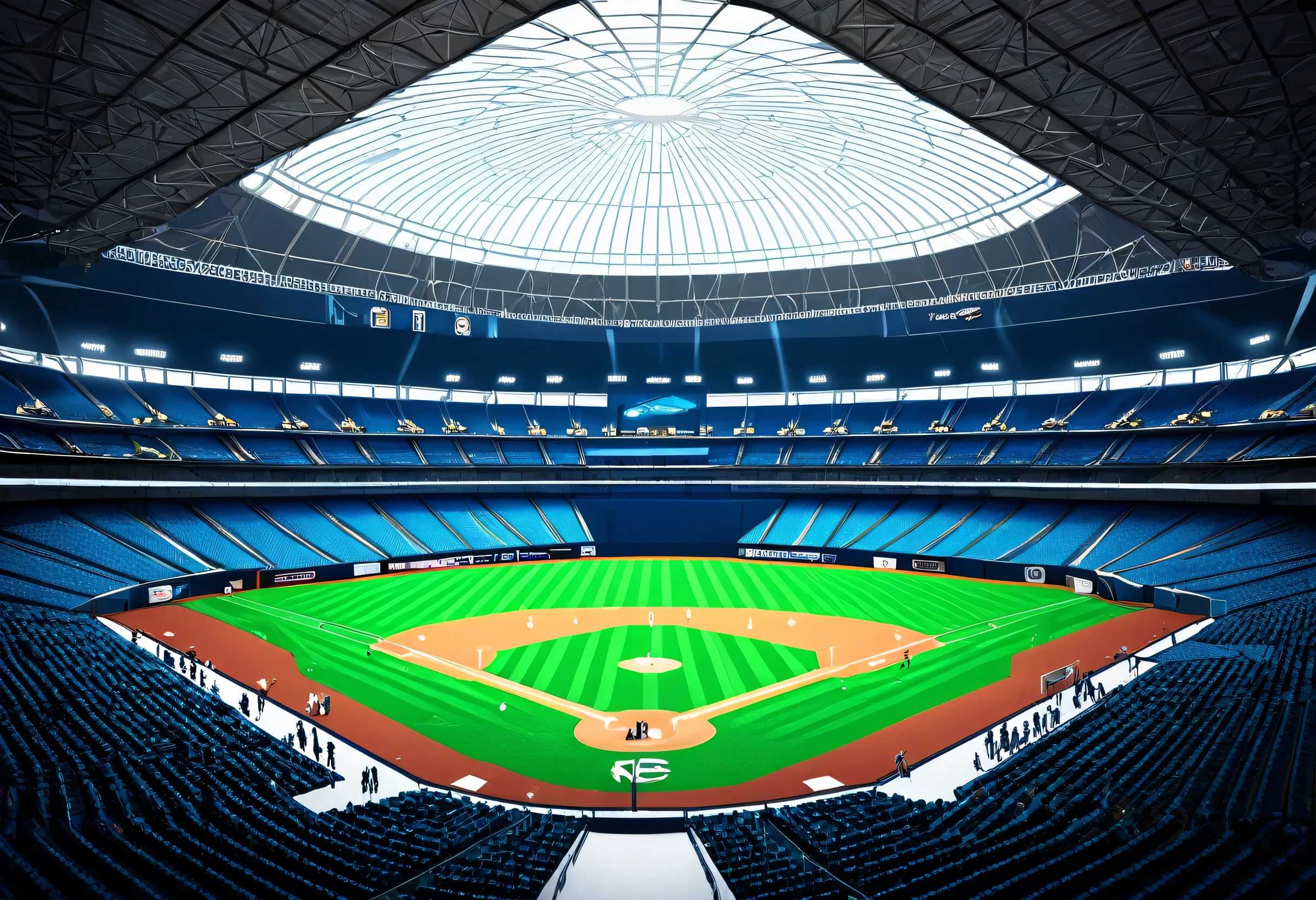 A baseball field with a baseball field and a baseball stadium in the middle, baseball Stadium, cool skydome, skydome, Futuristic sports arena, indoor, Stadium setting, Stadium, flat, hexadome, indoor setting, dome, stylized digital illustration, Stadium landscape, Shutterstock, Inside Game Style, inside a dome, rendering, indoor shot