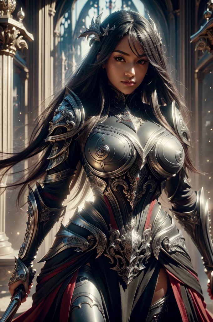 beautiful detail, best quality, 8k, highly detailed face and skin texture, high resolution, big tits black long hair girl in sexy silver armor standing infront of castle, medieval europe, fantasy, full body, sharp focus