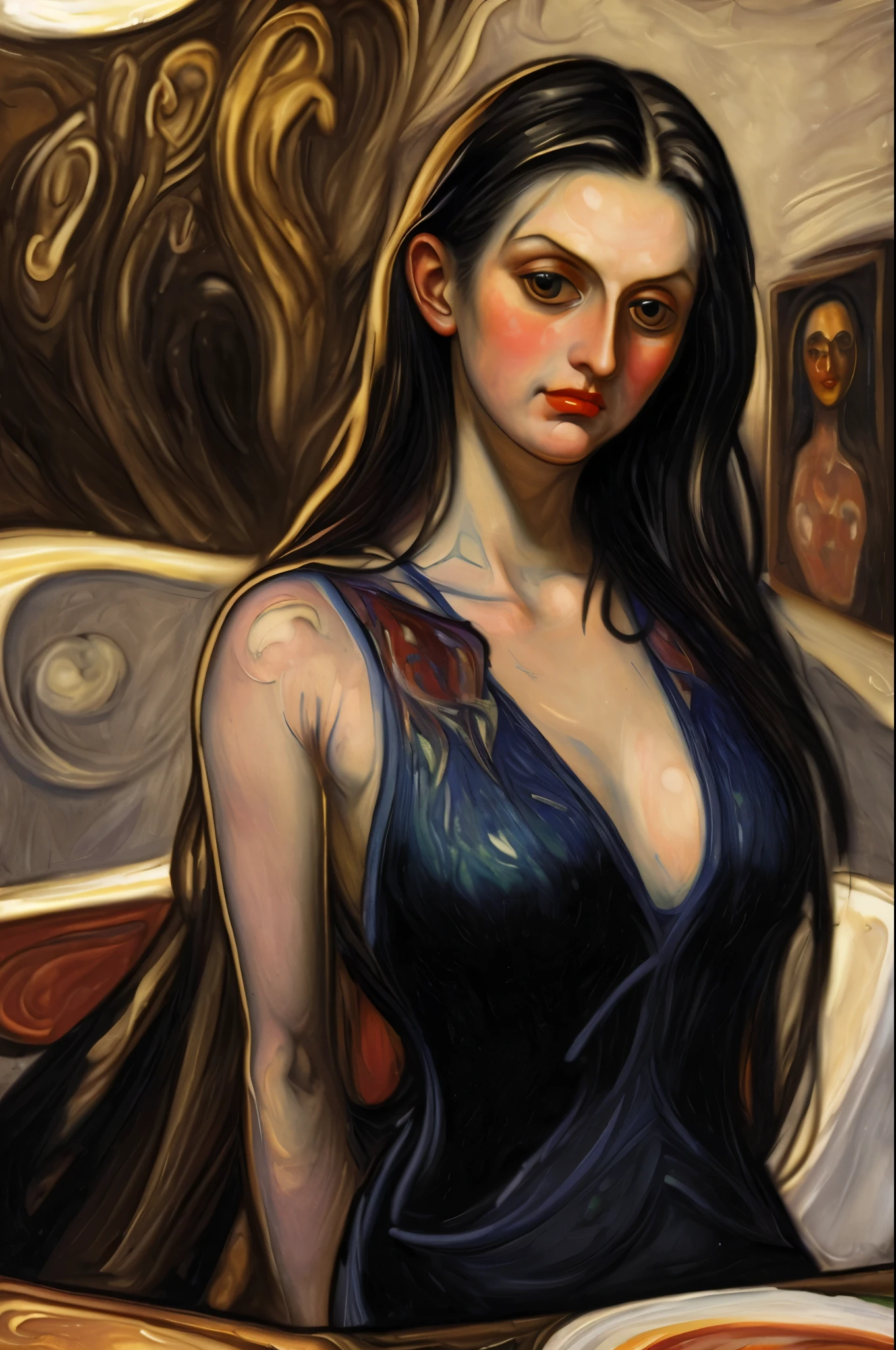 masterpiece, best quality, extremely detailed, hyperrealistic, painting, symbolism art, in munch style, a beautiful 20s russian model