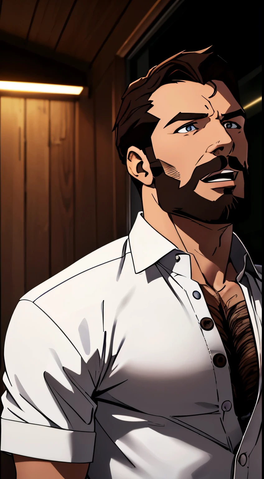 masterpiece, best quality, high resolution, sharp focus, ultra detailed, (dark scene:1.6), (lots of shdows:1.4), detailed face, high detailed face, detailed face and body, 1 man, 45 year-old male, middle-aged man, male focus, solo, side view, standing, tall, (lean muscle:1.3), thin, slender, slim, white skin, handsome, perfect face, narrow face, short hair, hair swept forward, (auburn hair:1.3), auburn beard and mustache, black eyebrows, black eyes, (eyes open:1.4) (mouth open:1.4), smiling, face focus, (white button up shirt:1.7), (unbuttoned chest:1.4), (hairy:1.2), (body hair:1.2), (hairy chest:1.2), (hairy pectorals:1.2), (large pectorals:1.2), pectoral lift, (short sleeves:1.4), (hairy arms:1.3), background is dark bedroom at night