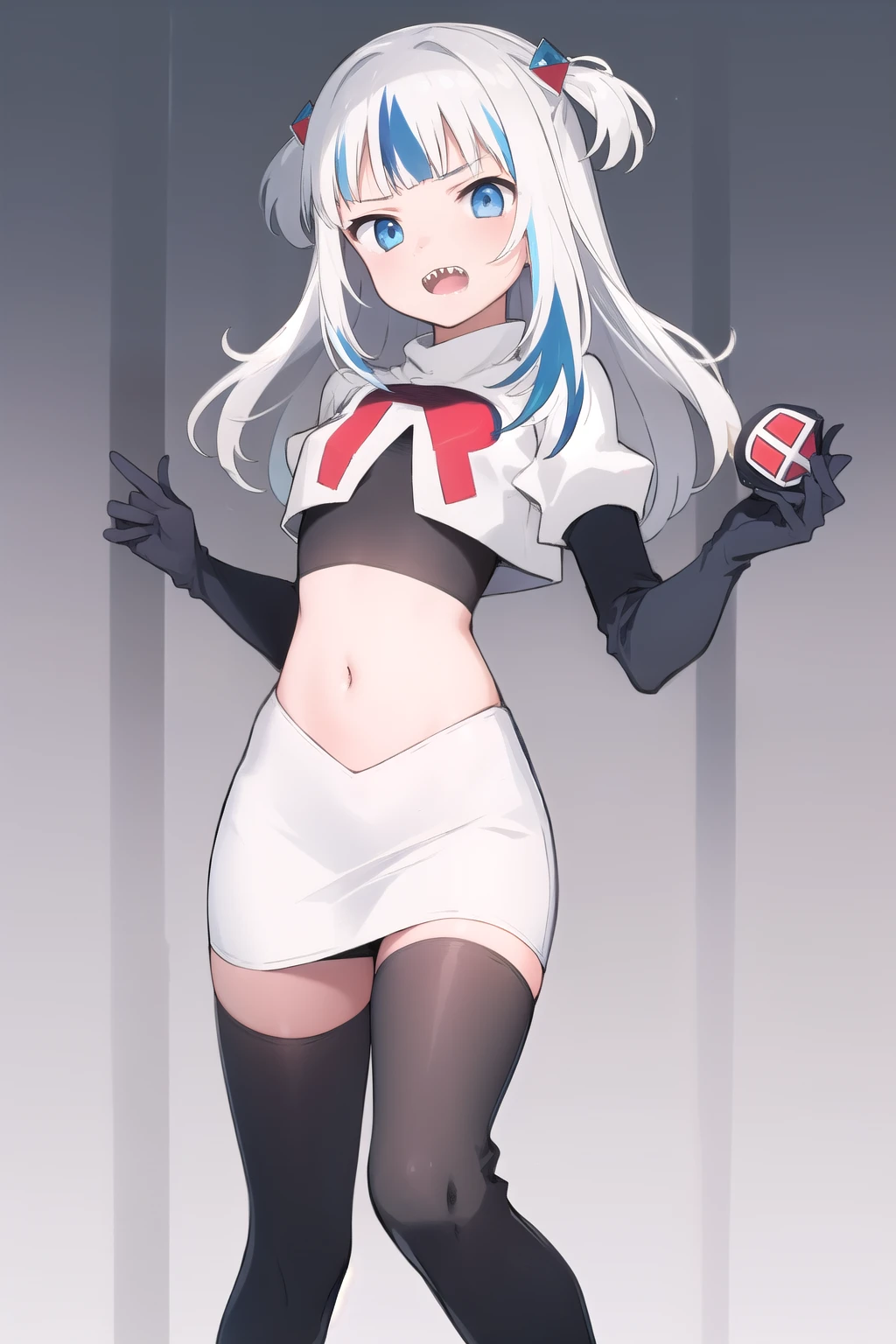 gawr gura, 1girl,solo,  blue eyes,small breasts, gray hair, hair ornaments,two side up, streaked hair, sharp teeth, team rocket,team rocket uniform,white skirt,red letter R,crop top,black thigh-highs,black elbow gloves