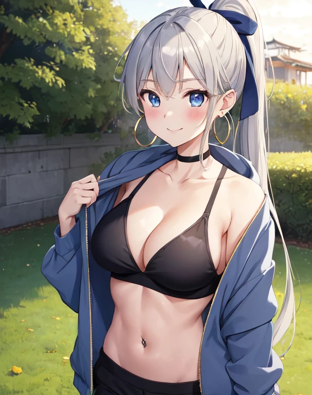 (((masterpiece))), ShizukaMikazuki, One Girl, alone, Looking at the camera, Long Hair, Gray Hair, Long sleeve, Cleavage, Large Breasts, Mature Body,clavicle, Jacket, Open clothes, open Jacket, blue hoodie, Black sports bra,Black hot pants,Play sports often, Abdominal muscles。bicycle,Clear light blue eyes, Blushing,High Ponytail, Navy blue ribbon,smile,Hoop Earrings,Golden navel piercing,Park at dusk