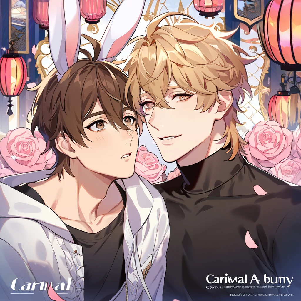 absurdres, highres, ultra detailed, HDR, master piece, best quality, perfect face, beautiful eyes, delicate features, Quincy, blond messy hair, expressive amber eyes, Nu Carnival, Eiden, brown hair, expressive brown eyes, two men together, gay couple, handsome, white bunny ears, white coat, black shirt, patterns, in wonderland, clock, pink roses, pink petals, pink lanterns