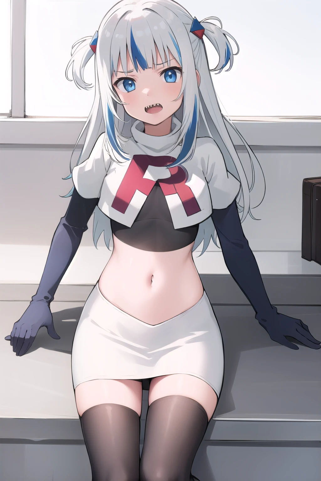 gawr gura, 1girl,solo, blue eyes,small breasts, gray hair, hair ornaments,two side up, streaked hair, sharp teeth, team rocket,team rocket uniform,white skirt,red letter R,crop top,black thigh-highs,black elbow gloves