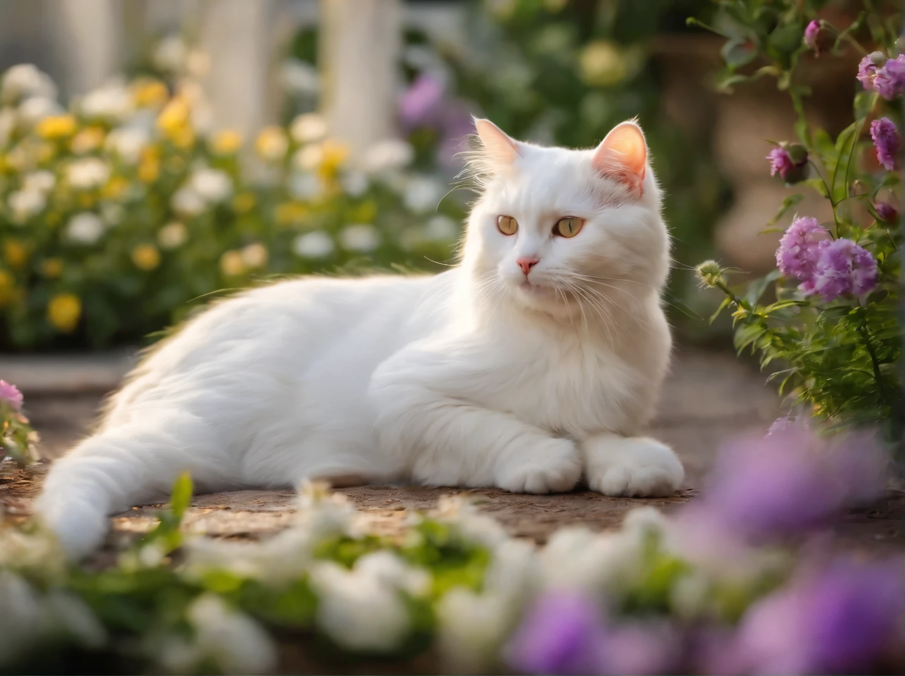 White cute cat in the garden，Lazy movements， very attractive，Monet style