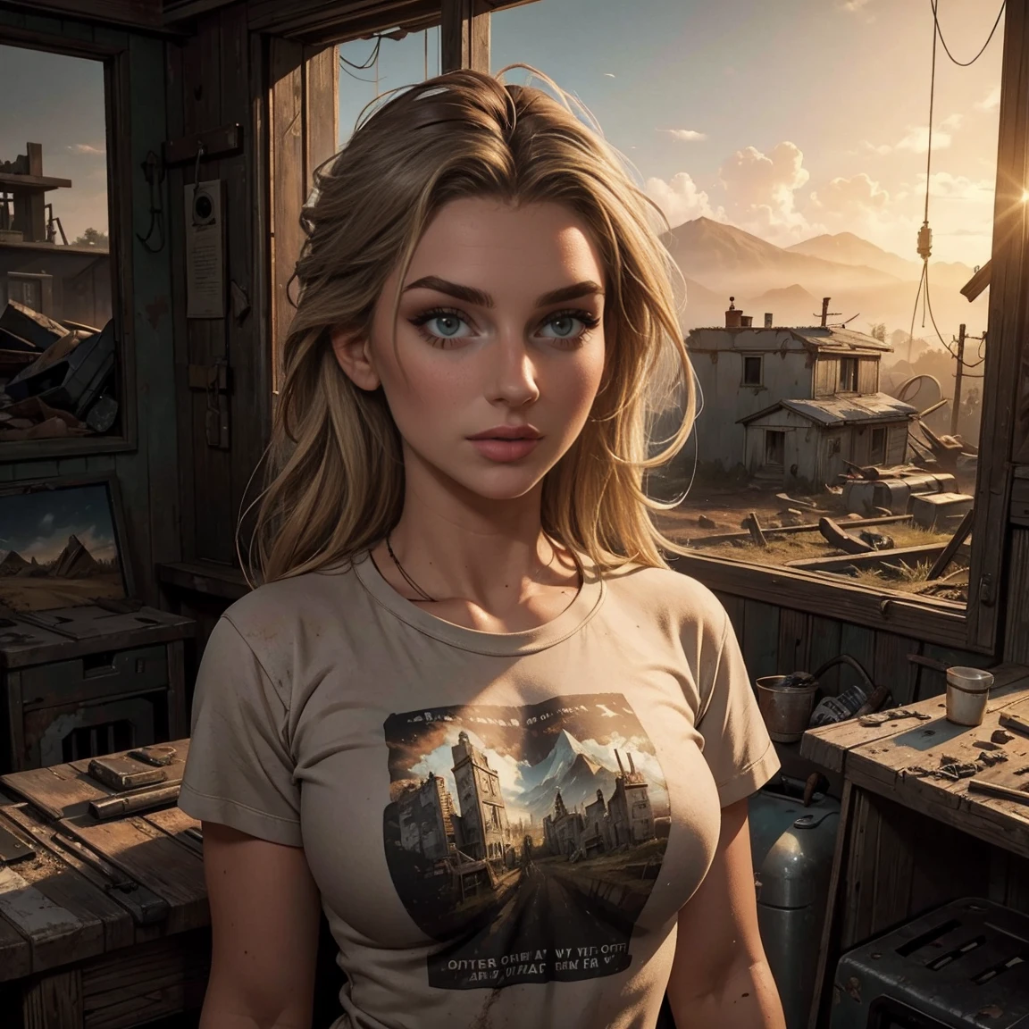 Foto hiperrealista en primer plano de Emily Sears wear dirty t-shirt, masterpiece, best quality, (photorealistic:1.4), Create dystopian masterpieces. Depict a rural landscape in the rugged style of the game's concept art. This work should evoke a sense of abandonment and despair in a futuristic, post-apocalyptic world. Notice the intricacies of detail, the sharp focus.