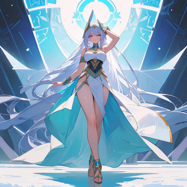 Long, waist-length platinum hair with stunning piercing blue eyes with snow-white skin, corpo magro sexy , peito grandes , no facial expression, sexy, pouca roupa , curvas sexuais, egyptian goddess outfit, olhando para frente, STANDING, de frente, showing from head to toe, sensual, olhando para o espectadorpostura ereta, with shoulders back and head up, directing the gaze directly at you in the image. Sexy , sensual, pouca roupa, Egyptian outfit. Olhando para o expectador