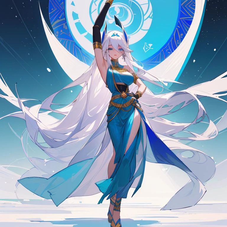 Long, waist-length platinum hair with stunning piercing blue eyes with snow-white skin, corpo magro sexy , peito grandes , no facial expression, sexy, pouca roupa , curvas sexuais, egyptian goddess outfit, olhando para frente, STANDING, de frente, showing from head to toe, sensual, olhando para o espectadorpostura ereta, with shoulders back and head up, directing the gaze directly at you in the image. Sexy , sensual, pouca roupa, Egyptian outfit. Olhando para o expectador