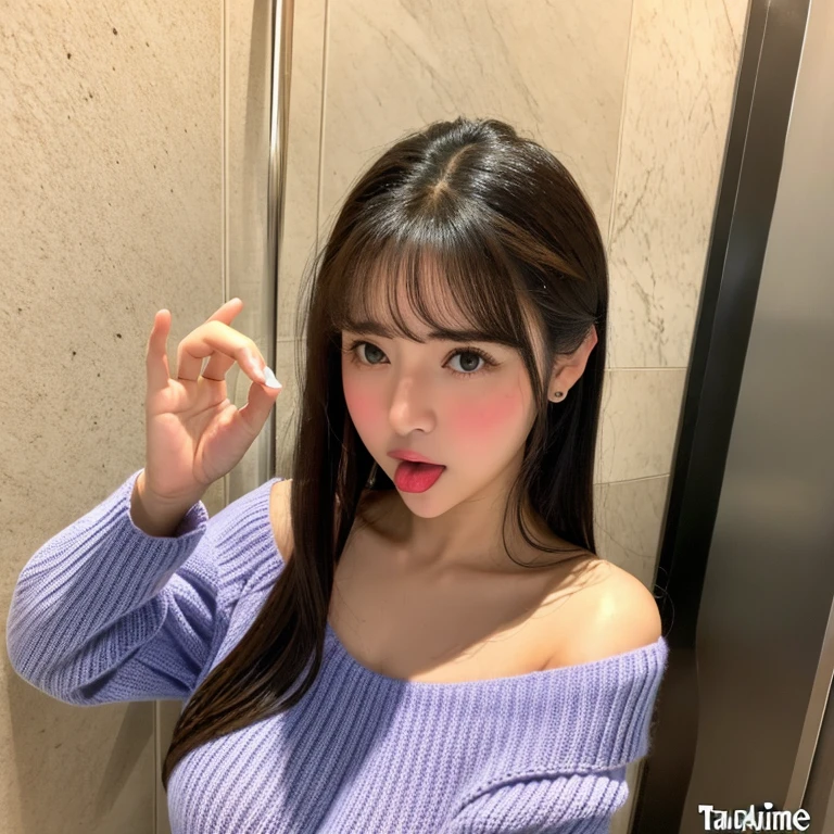 ,(tareme:1.4),(beautiful face),huge breasts,(beautiful japanese idol),happy,straight hair,tongue,sweaty,look at viewer,off-the -shoulder sweater,shiny skin,cleavage,fellatio gesture,at restroom stall,face focus
