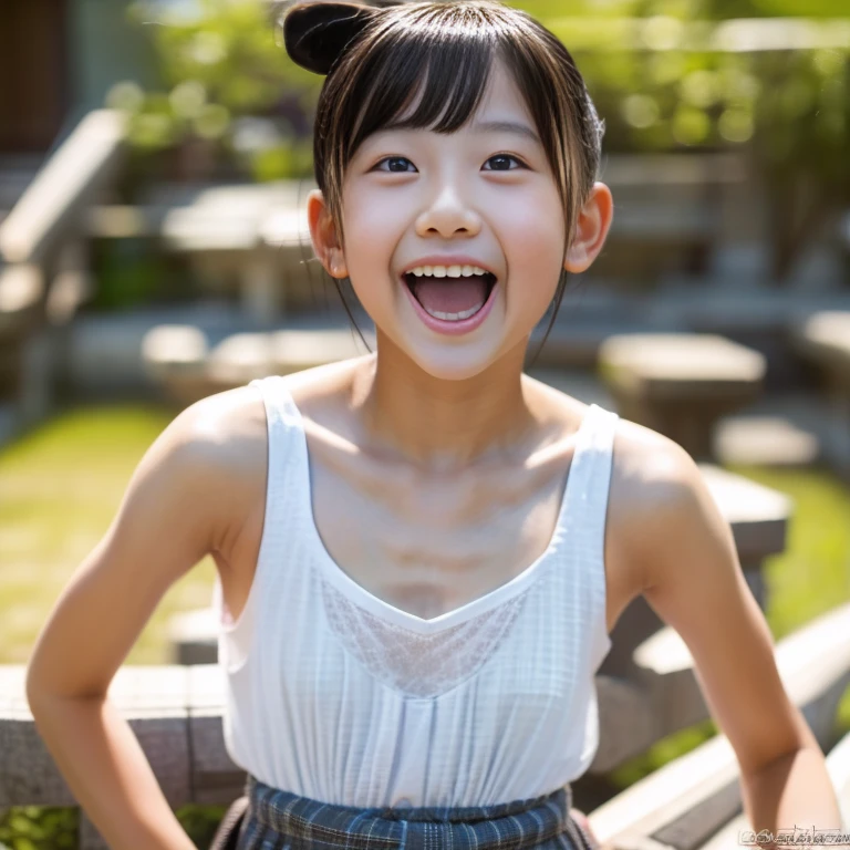 Japanese,10 years old,Summer clothes,Tank top,skirt,Looking up,Open your mouth,cute,Twin bun hairstyle