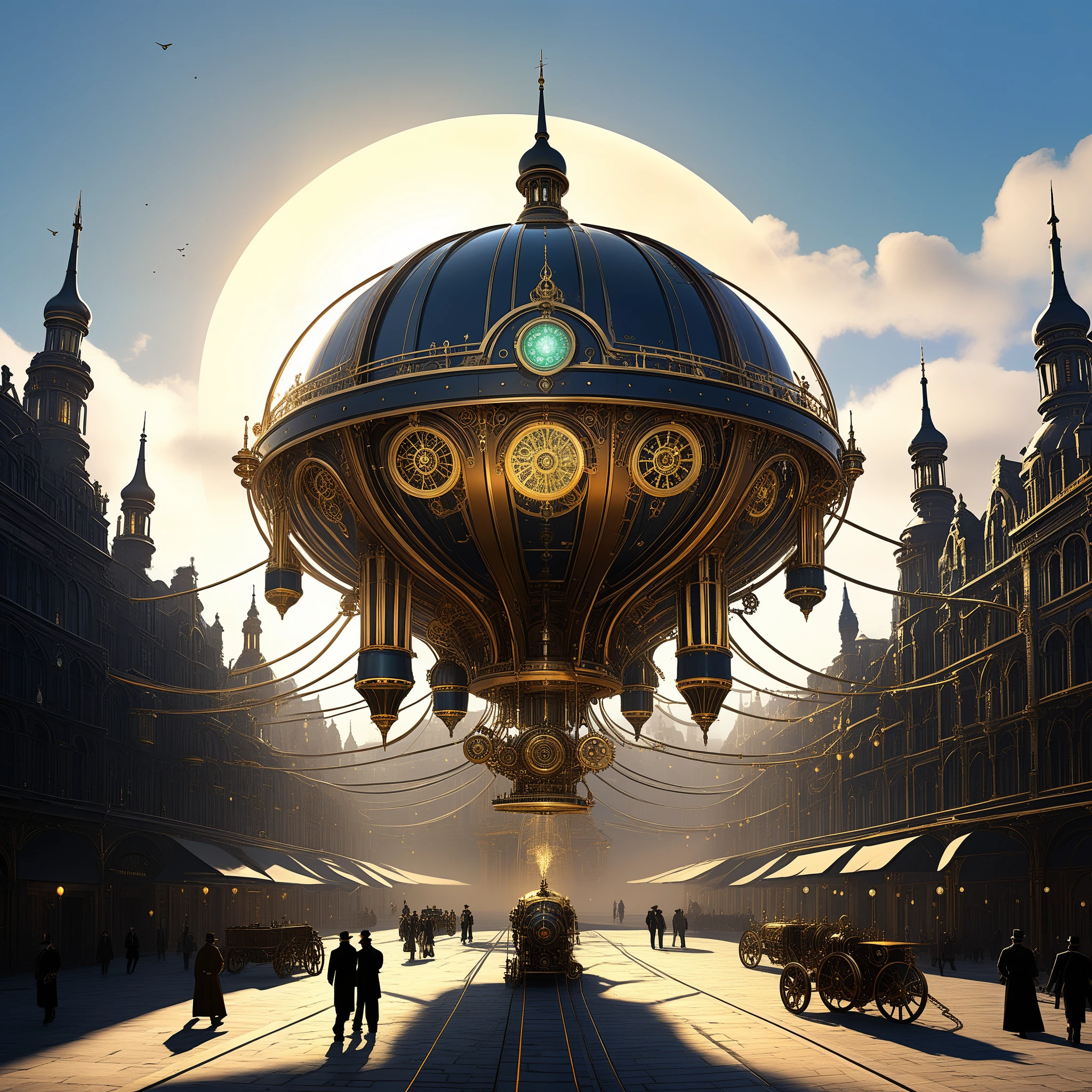 In a world of brass and steam, (AI-infused marvels:1.1, futuristic robots, automaton:1.1) soar amidst (towering clockwork edifices:1.1, majestic gears, intricate machinery), (painting the skyline:1.1) with innovation. The (brass:1.1, metallic, shiny) structures gleam in the (warm golden:1.1, copper, bronze) hues of the (setting sun:1.1, evening sky), casting (dramatic shadows:1.1) on the (cobblestone:1.1) streets below.
Amidst this (steam-powered:1.1) cityscape, (ornate steam-powered airships and zeppelins:1.1, magnificent flying contraptions, dirigibles) gracefully float through the air, propelled by (billowing clouds of steam:1.1) and (giant propellers:1.1). The (gleaming metal:1.1) hulls reflect the (dusky sunlight:1.1), while gears and cogs spin rhythmically, keeping the (AI-fueled engines:1.1, futuristic propulsion) humming with energy.
In the (narrow alleys:1.1, winding pathways) below, (mechanical beings:1.1, clockwork automatons, robotic assistants) scurry about their tasks. Their (glistening metallic bodies:1.1) intricately designed, with (glowing steam vents:1.1) and (luminescent eyes:1.1) that flicker with (artificial intelligence:1.1).
The (clockwork figures:1.1, robotic creatures) are joined by (brass artisans:1.1, skilled craftsmen) who tirelessly create (intricate sculptures:1.1, detailed engravings), their tools clicking and clanking in harmony with the surrounding (mechanical symphony:1.1).
As night falls, the city comes alive with (artificial lights:1.1). (Soft, warm lamps:1.1) illuminate the (ornate balconies:1.1) and (brass spires:1.1), casting a (magical glow:1.1) upon the city below. The streets are filled with (people:1.1, citizens), (elegantly dressed:1.1) in (Victorian attire:1.1), reveling in the (dreamlike atmosphere:1.1) of this (steampunk metropolis:1.1).
The (scents of oil and metal:1.1) linger in the air, mingling with the (sounds of steam whistles:1.1) and (clicking gears:1.1). It is a world where (imagination blends:1.1) with (m