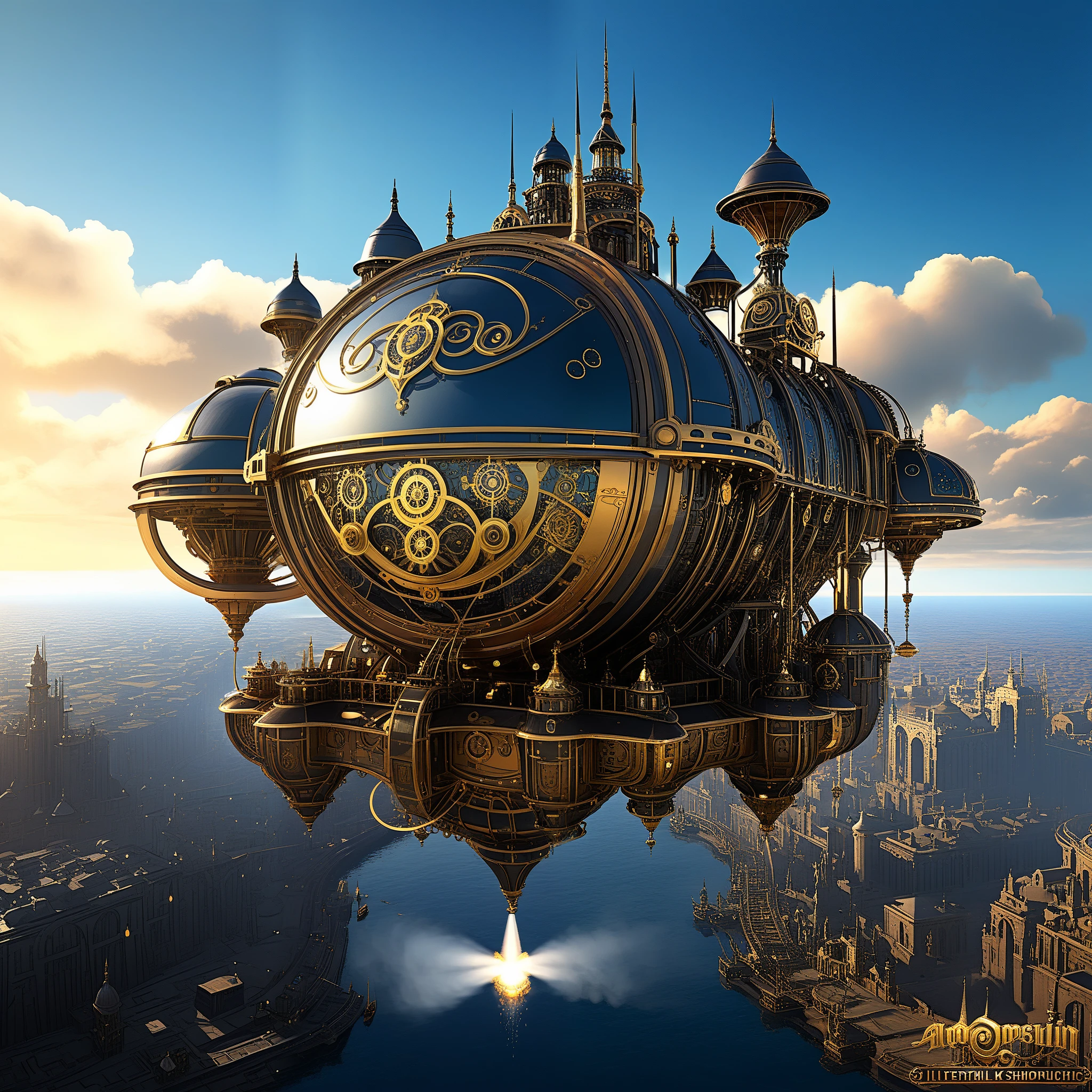 In a world of brass and steam, (AI-infused marvels:1.1, futuristic robots, automaton:1.1) soar amidst (towering clockwork edifices:1.1, majestic gears, intricate machinery), (painting the skyline:1.1) with innovation. The (brass:1.1, metallic, shiny) structures gleam in the (warm golden:1.1, copper, bronze) hues of the (setting sun:1.1, evening sky), casting (dramatic shadows:1.1) on the (cobblestone:1.1) streets below.

Amidst this (steam-powered:1.1) cityscape, (ornate steam-powered airships and zeppelins:1.1, magnificent flying contraptions, dirigibles) gracefully float through the air, propelled by (billowing clouds of steam:1.1) and (giant propellers:1.1). The (gleaming metal:1.1) hulls reflect the (dusky sunlight:1.1), while gears and cogs spin rhythmically, keeping the (AI-fueled engines:1.1, futuristic propulsion) humming with energy.

In the (narrow alleys:1.1, winding pathways) below, (mechanical beings:1.1, clockwork automatons, robotic assistants) scurry about their tasks. Their (glistening metallic bodies:1.1) intricately designed, with (glowing steam vents:1.1) and (luminescent eyes:1.1) that flicker with (artificial intelligence:1.1).

The (clockwork figures:1.1, robotic creatures) are joined by (brass artisans:1.1, skilled craftsmen) who tirelessly create (intricate sculptures:1.1, detailed engravings), their tools clicking and clanking in harmony with the surrounding (mechanical symphony:1.1).

As night falls, the city comes alive with (artificial lights:1.1). (Soft, warm lamps:1.1) illuminate the (ornate balconies:1.1) and (brass spires:1.1), casting a (magical glow:1.1) upon the city below. The streets are filled with (people:1.1, citizens), (elegantly dressed:1.1) in (Victorian attire:1.1), reveling in the (dreamlike atmosphere:1.1) of this (steampunk metropolis:1.1).

The (scents of oil and metal:1.1) linger in the air, mingling with the (sounds of steam whistles:1.1) and (clicking gears:1.1). It is a world where (imagination blends:1.1) with (m