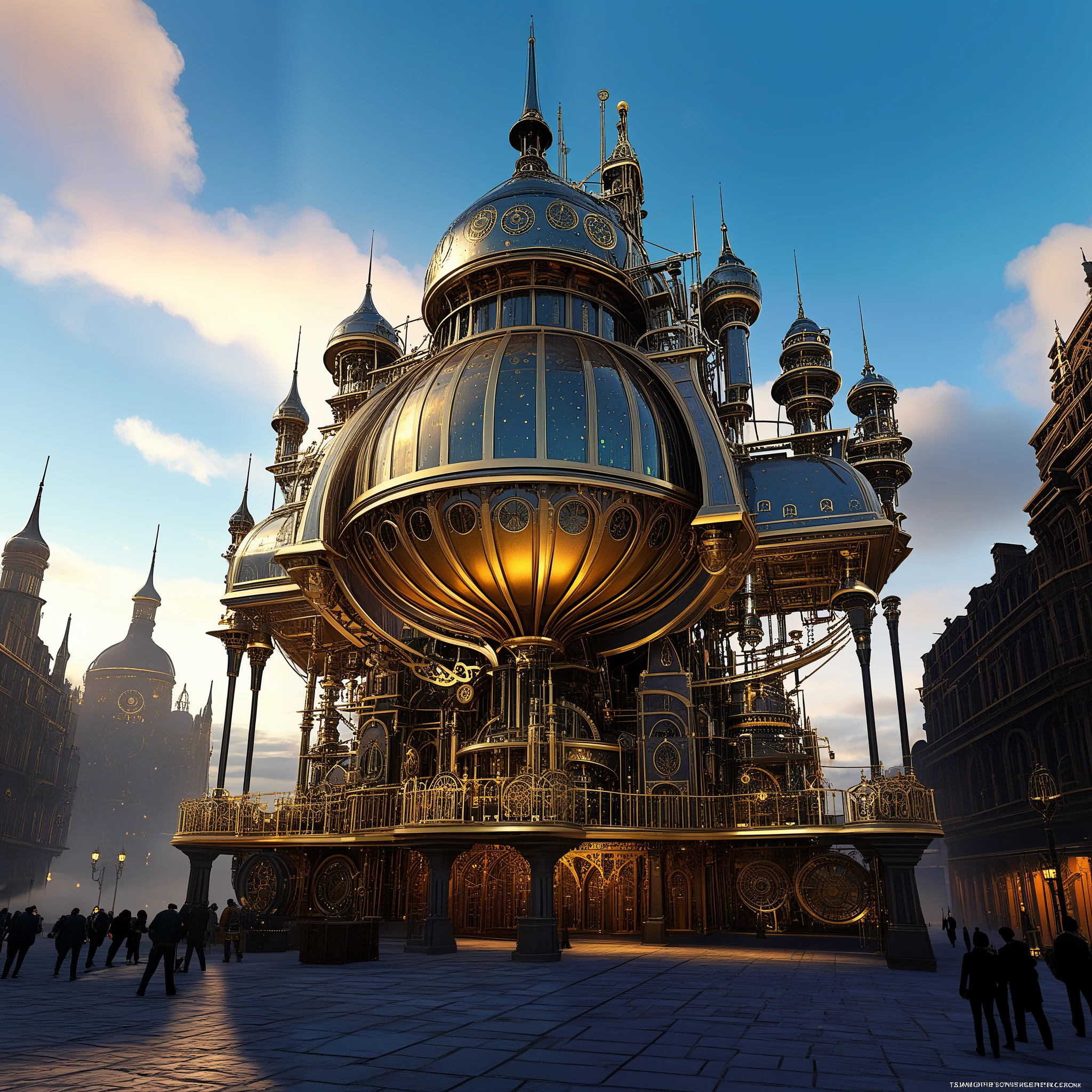 In a world of brass and steam, (AI-infused marvels:1.1, futuristic robots, automaton:1.1) soar amidst (towering clockwork edifices:1.1, majestic gears, intricate machinery), (painting the skyline:1.1) with innovation. The (brass:1.1, metallic, shiny) structures gleam in the (warm golden:1.1, copper, bronze) hues of the (setting sun:1.1, evening sky), casting (dramatic shadows:1.1) on the (cobblestone:1.1) streets below.
Amidst this (steam-powered:1.1) cityscape, (ornate steam-powered airships and zeppelins:1.1, magnificent flying contraptions, dirigibles) gracefully float through the air, propelled by (billowing clouds of steam:1.1) and (giant propellers:1.1). The (gleaming metal:1.1) hulls reflect the (dusky sunlight:1.1), while gears and cogs spin rhythmically, keeping the (AI-fueled engines:1.1, futuristic propulsion) humming with energy.
In the (narrow alleys:1.1, winding pathways) below, (mechanical beings:1.1, clockwork automatons, robotic assistants) scurry about their tasks. Their (glistening metallic bodies:1.1) intricately designed, with (glowing steam vents:1.1) and (luminescent eyes:1.1) that flicker with (artificial intelligence:1.1).
The (clockwork figures:1.1, robotic creatures) are joined by (brass artisans:1.1, skilled craftsmen) who tirelessly create (intricate sculptures:1.1, detailed engravings), their tools clicking and clanking in harmony with the surrounding (mechanical symphony:1.1).
As night falls, the city comes alive with (artificial lights:1.1). (Soft, warm lamps:1.1) illuminate the (ornate balconies:1.1) and (brass spires:1.1), casting a (magical glow:1.1) upon the city below. The streets are filled with (people:1.1, citizens), (elegantly dressed:1.1) in (Victorian attire:1.1), reveling in the (dreamlike atmosphere:1.1) of this (steampunk metropolis:1.1).
The (scents of oil and metal:1.1) linger in the air, mingling with the (sounds of steam whistles:1.1) and (clicking gears:1.1). It is a world where (imagination blends:1.1) with (m
