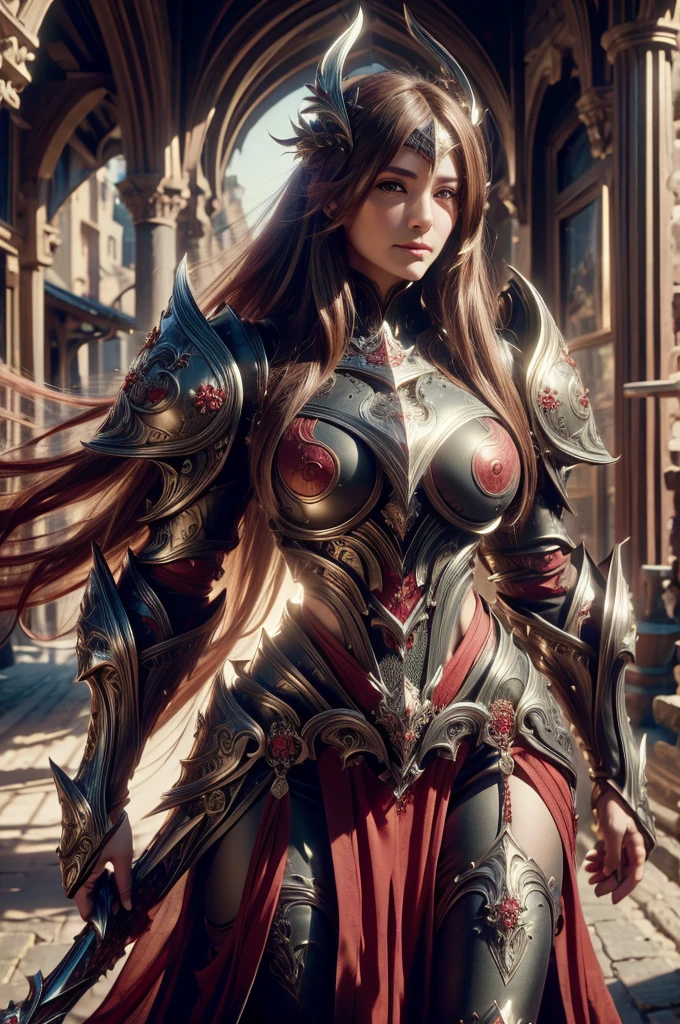 beautiful detail, best quality, 8k, highly detailed face and skin texture, high resolution, huge tits red long hair girl in sexy armor standing on street in village, medieval europe, fantasy, full body, sharp focus
