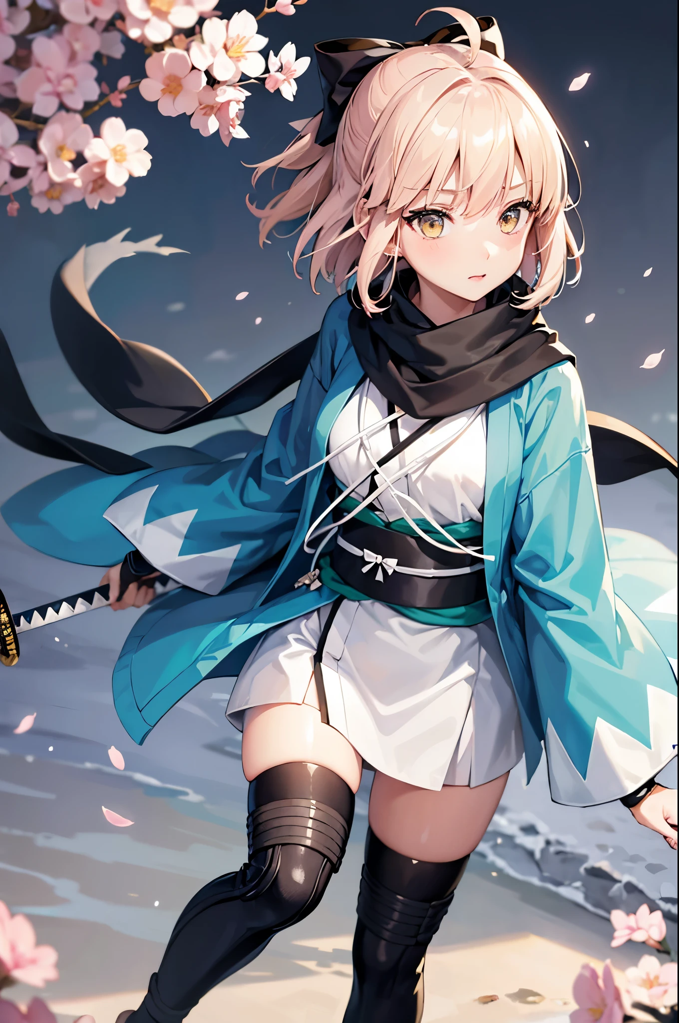 (masterpiece, best quality:1.2), expressive eyes, perfect face, highres, 1girl, solo, OkitaSouji, arm guards,wide sleeves,toeless legwear,bangs,obi, white kimono, shinsengumi, black thighighs, yellow eyes,thighhighs , short kimono, haori, black bow, black scarf, short hair, ahoge, scarf, blonde hair, hairbow,bow, kimono,japanese clothes standing,upper body, looking at the viewer
