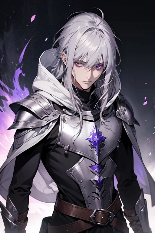 male, messy silver long length hair with bangs, purple eyes, adult face, adult, white hood and shroud, bare torso with pauldron armor, thin lean and handsome, fantasy, sorcerer,
from the front