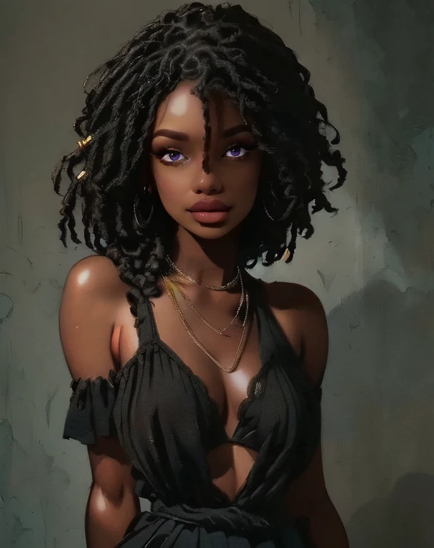 best quality, ultra high res, , characterized by an exquisite and mature manga illustration art style, high definition, nose piercing, dreadlocks, dreadlock hair a close up of a woman with a black top and a necklace, young black woman, black young woman, black teenage girl, with brown skin, dark skinned, taken in the early 2020s, photo of a black woman, ☁🌪🌙👩🏾, dark-skinned, black girl, she has olive brown skin, african domme mistress, highres, ultra-detailed, ultra-fine painting, extremely delicate, professional, anatomically correct, symmetrical face, extremely detailed eyes and face, high quality eyes, creativity, RAW photo, UHD, 8k, Natural light, cinematic lighting, masterpiece-anatomy-perfect, masterpiece:1.5,