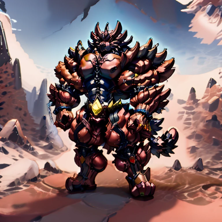 (masterpiece, best quality, detailed:1.2) (Pokémon) detailed full body, incineroar, full body, Furry Heroes, The main color is yellow, sparkling skin, Vibrant colors, 4K, GOLD armor, Its full plate armor emphasizes the muscles. a knight's mechanical armor, glowing wide and heavy armor, Gigantic incineroar, big muscle (pecs, triceps, traps) unusually developed muscular body, body full of huge muscles. showing off muscles, pectorales enormes. Exaggeratedly huge muscles. Gigachad Muscular, whole body shines like metal. He wears a black cloak on his back. The cloak is so long that it touches the ground, futuristic city, Main is RED COLOR, black bodysuit, 
nj5furry