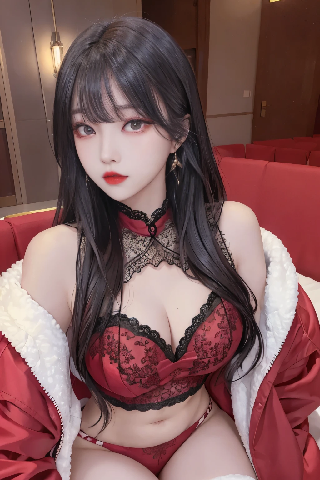 Top image quality、Raw photography、A high resolution、20-year-old cool Korean、big round chest、silk jacket、sexy red lace underwear、Beautiful Eyes of Details、very elongated eyes、Beautiful eyelashes、Beautiful double eyelids、eyeshadows、long legs,medium thighs, beautiful eyes finely detailed、elongated eyes、long eyeslashes、Beautiful double eyelids、eyeshadows、earrings、shiny skin、 1 girl, solo,