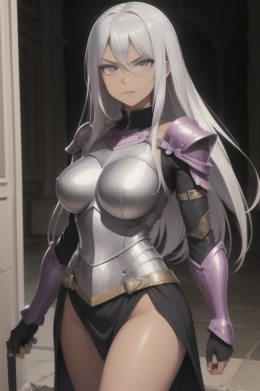 Brown skin, Young woman, long silver hair, Violet eyes, hero's armor, facing viewer, glaring,