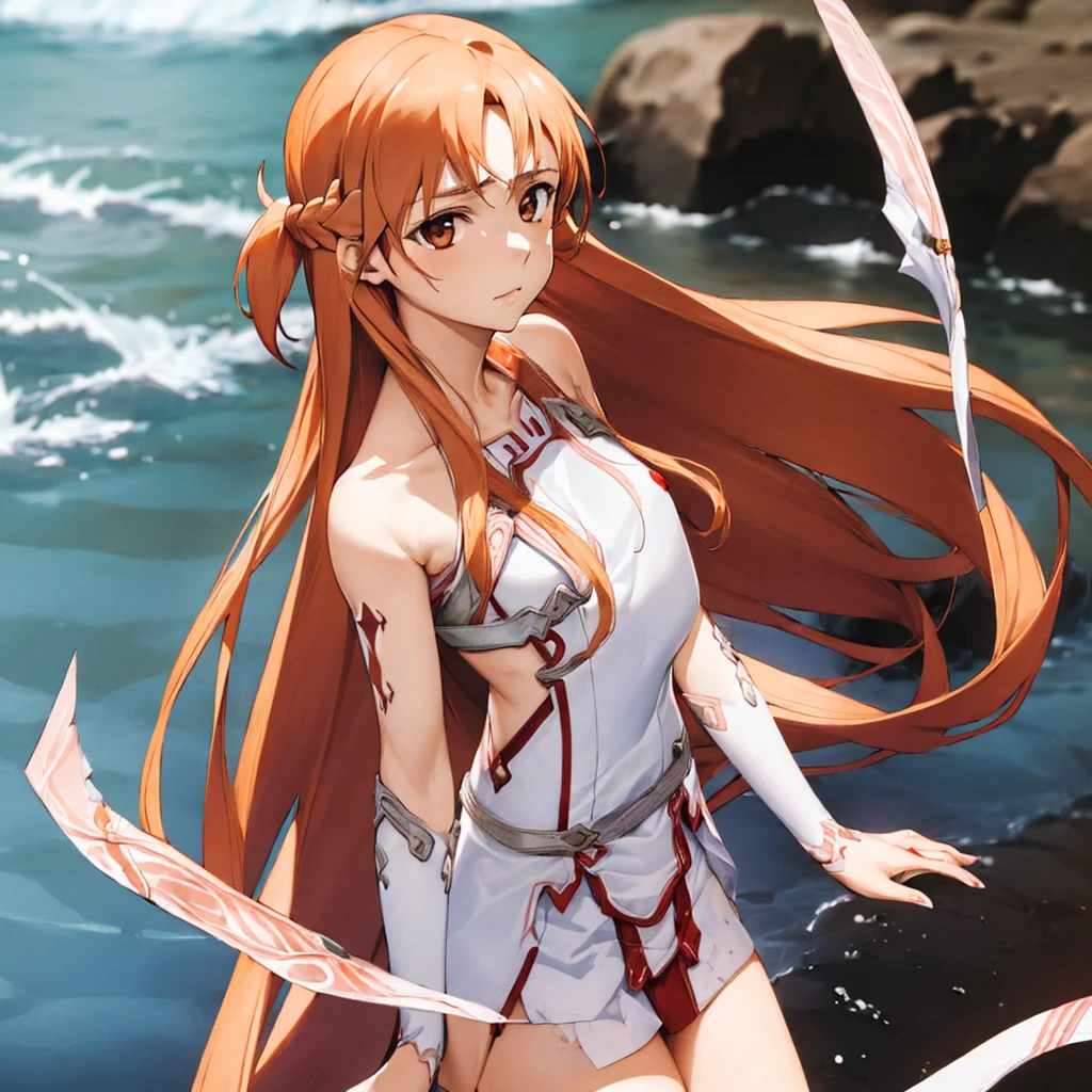 ((female１people))、((highest quality)), ((masterpiece)), (detailed), Perfect Face、Yuuki Asuna、Brown Hair、Upper body naked、The lower body is a fish、people魚になる