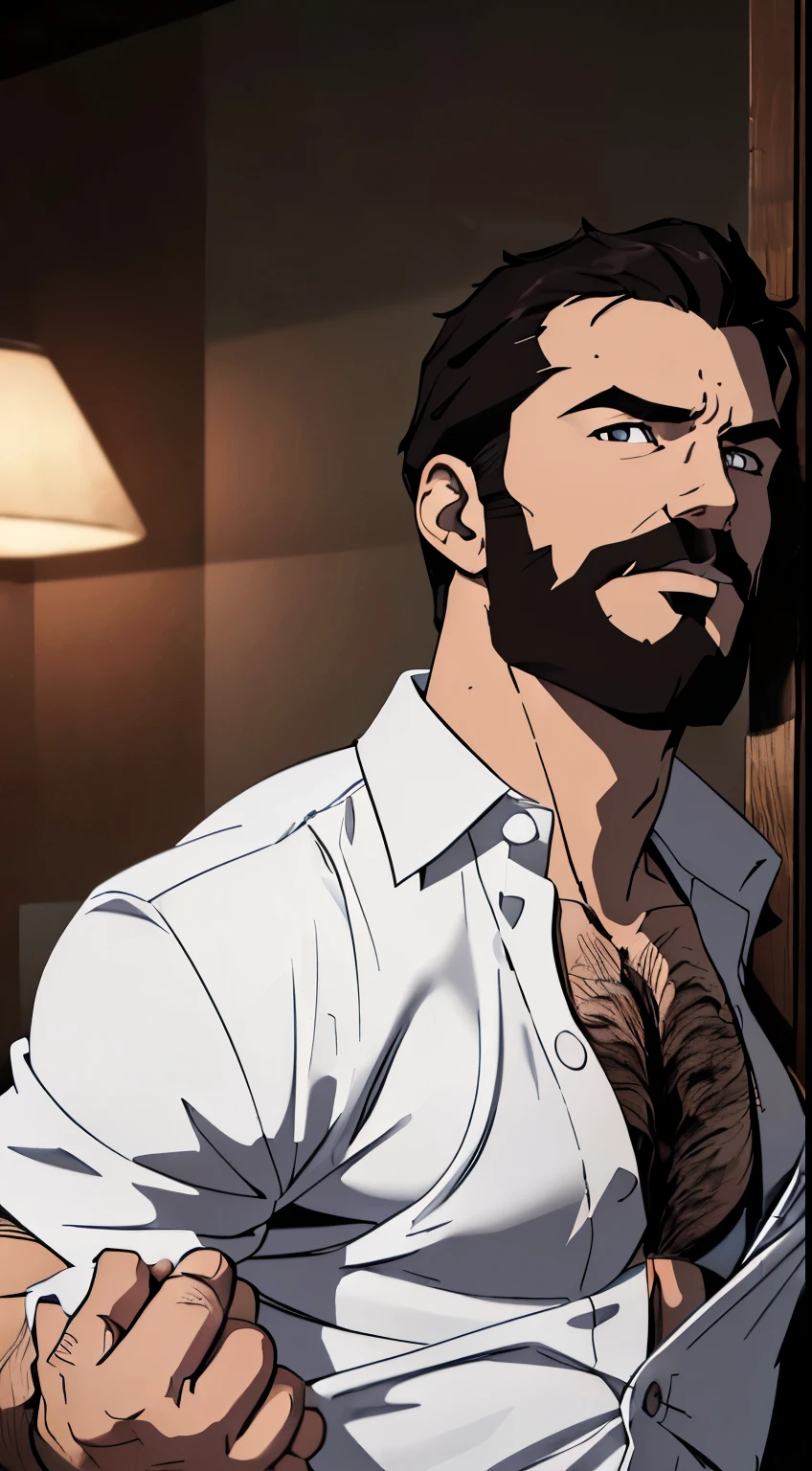 masterpiece, best quality, high resolution, sharp focus, ultra detailed, (dark scene:1.6), (lots of shdows:1.4), detailed face, high detailed face, detailed face and body, 1 man, 35 year-old male, middle-aged man, male focus, solo, (lean muscle:1.3), white skin, handsome, perfect face, short hair, hair swept forward, dark brown hair, dark beard and mustache, black eyebrows, black eyes, eyes open, mouth open, smiling, face focus, (white button up shirt:1.4), (unbuttoned chest:1.4), (hairy:1.2), (body hair:1.2), (hairy chest:1.4), (hairy pectorals:1.4), (large pectorals:1.2), pectoral lift, (short sleeves:1.4), (hairy arms:1.6), (grabbing his shirt with both of his hands:1.7), (pulling his shirt open with both of his hands:1.7), (ripping his shirt open:1.7), (tearing his shirt open:1.7), (pulling his shirt off:1.7), (holding his shirt completely open:1.7), (exposing his chest:1.7), background is dark bedroom at night