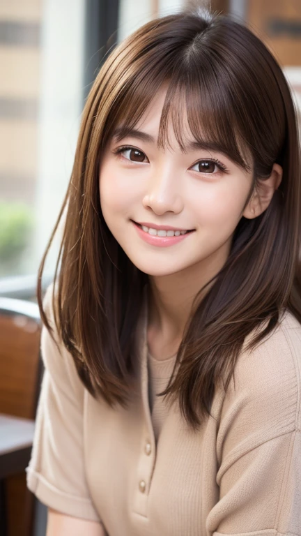 Brown Hair,Medium Hair,20-year-old female, Small nose, With the correct face, Cute natural smile, Japanese facial features, A clean and cute face, Cute realistic portrait, Asian Face, 8K Photo, Soft Makeup,Natural skin texture,Raw photo,highest quality,Full Body Shot,Cafe