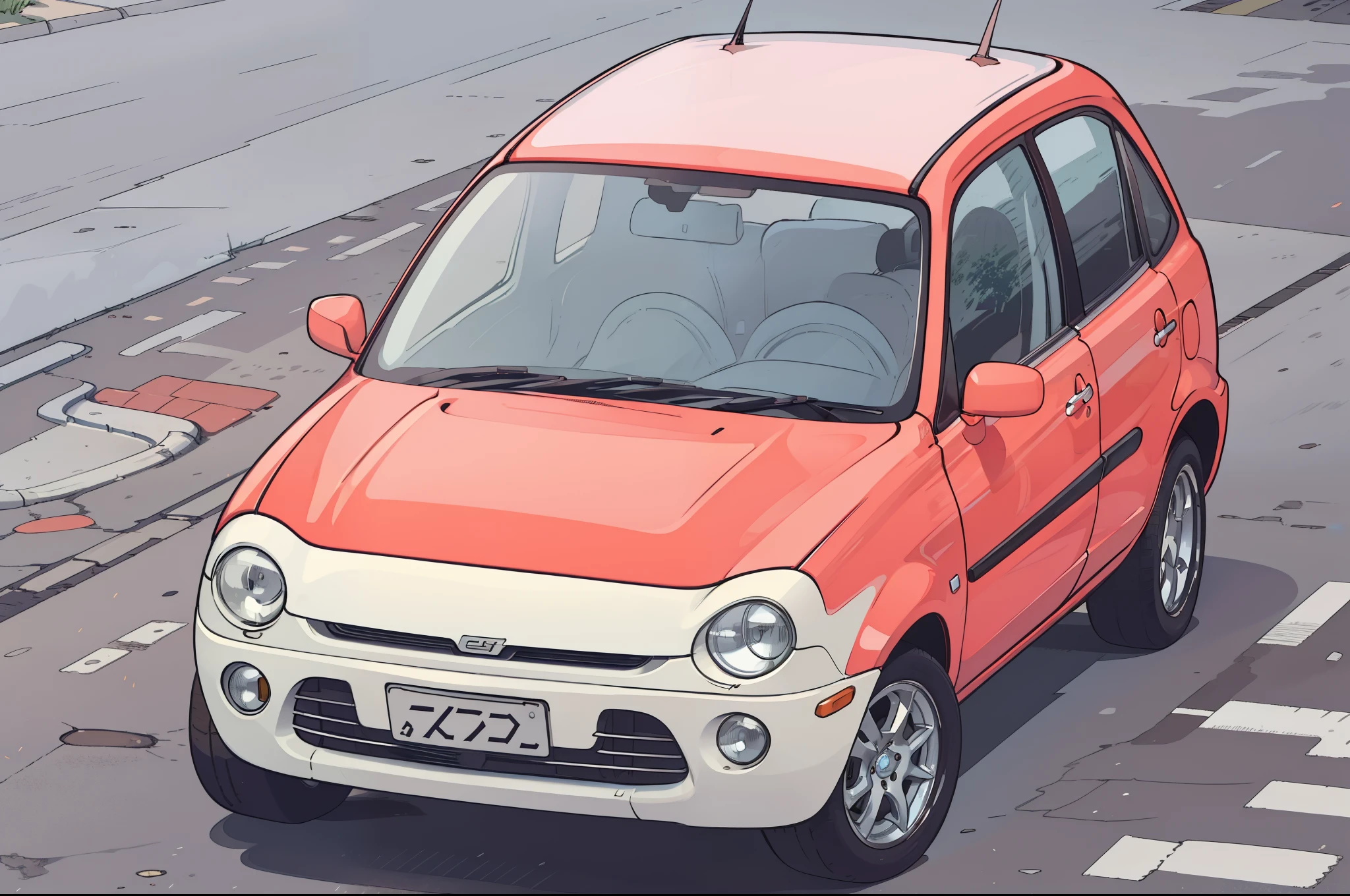 highest quality, Anime Style, A red and white 50-year-old car parked on the street next to the Japanese car curb, Girl leaning against car, the ugliest car in the world, Very sad c 12.0, pepper, kama russian electrocar, Cel-shaded style, Retro 90s Japanese, Japan in the 1990s, pepper car, Full view of the car, Cell Illustration, Semi-realistic rendering