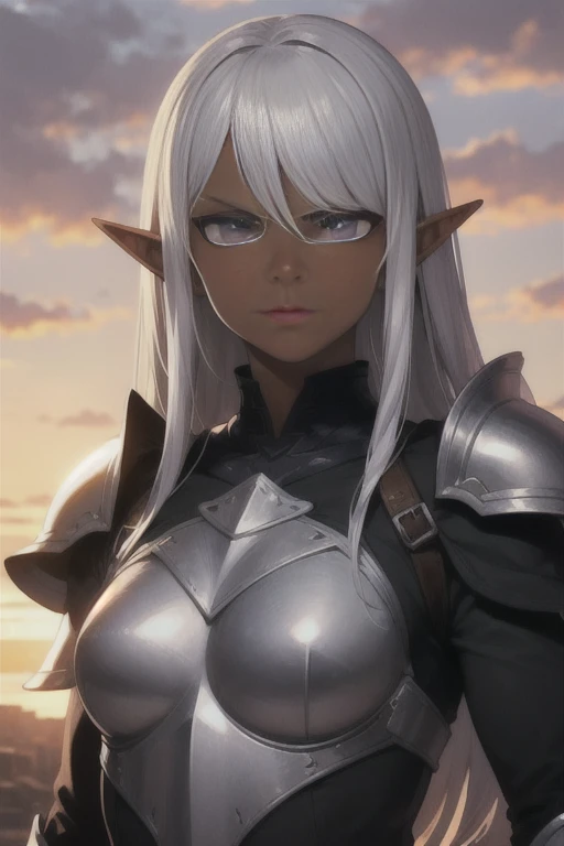 Dark skin, Young elf, long silver hair, Violet eyes, hero's armor, facing viewer, glaring,