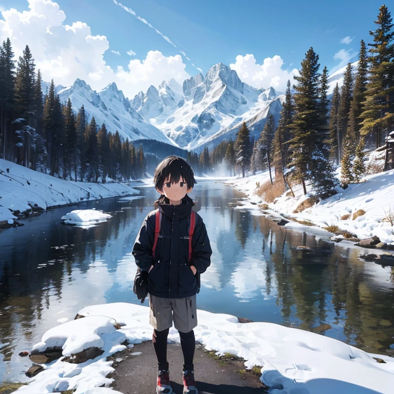 Snowy mountains as the background，Boy&#39;s face snow mountain，Back，Animation style，Facing the Great Lakes，Mountain range，White Cloud，sunny
