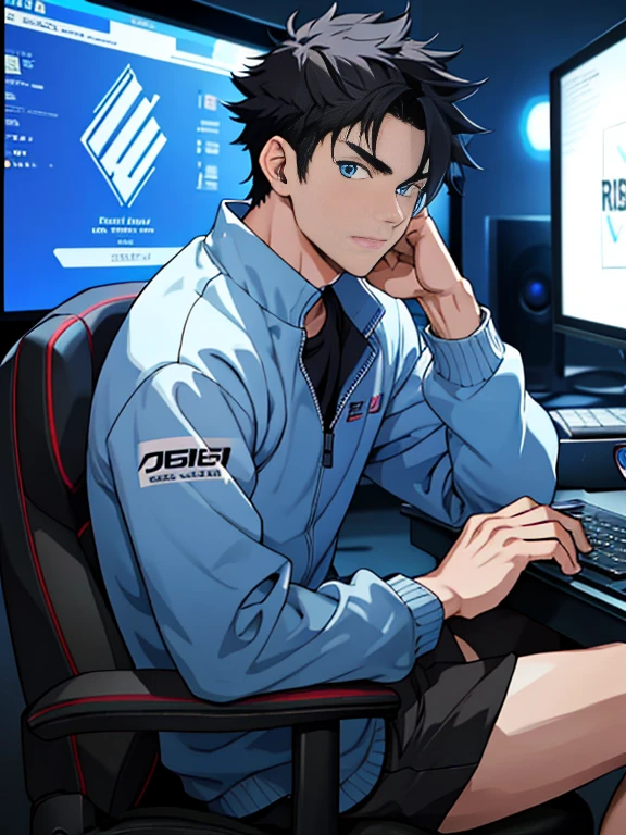 Best quality: 1.0), (Super High Resolution: 1.0), Anime boy, short black hair, blue eyes, sitting in front of computer playing games, background in esports room,