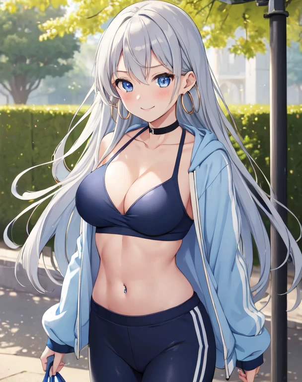 (((masterpiece))), ShizukaMikazuki, One Girl, alone, Looking at the camera, Long Hair, Gray Hair, Long sleeve, Cleavage, Large Breasts, Mature Body,clavicle, Jacket, Open clothes, open Jacket, blue hoodie, Black sports bra,Black hot pants,Choker with charm,Play sports often, Abdominal muscles,bicycle,Clear light blue eyes, Blushing,Navy blue ribbon,smile,Hoop Earrings,Golden navel piercing,Park at dusk, “Enhance the appearance of the chest