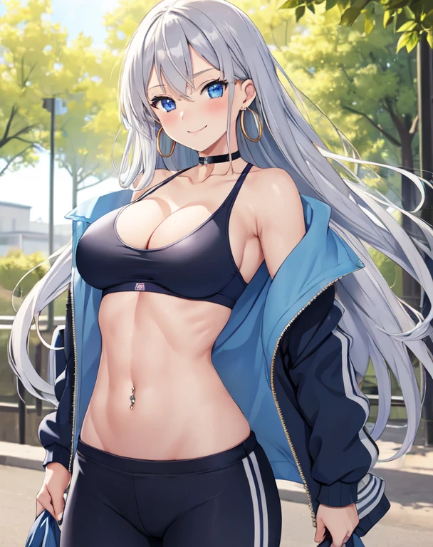(((masterpiece))), ShizukaMikazuki, One Girl, alone, Looking at the camera, Long Hair, Gray Hair, Long sleeve, Cleavage, Large Breasts, Mature Body,clavicle, Jacket, Open clothes, open Jacket, blue hoodie, Black sports bra,Black hot pants,Choker with charm,Play sports often, Abdominal muscles,bicycle,Clear light blue eyes, Blushing,Navy blue ribbon,smile,Hoop Earrings,Golden navel piercing,Park at dusk, “Enhance the appearance of the chest