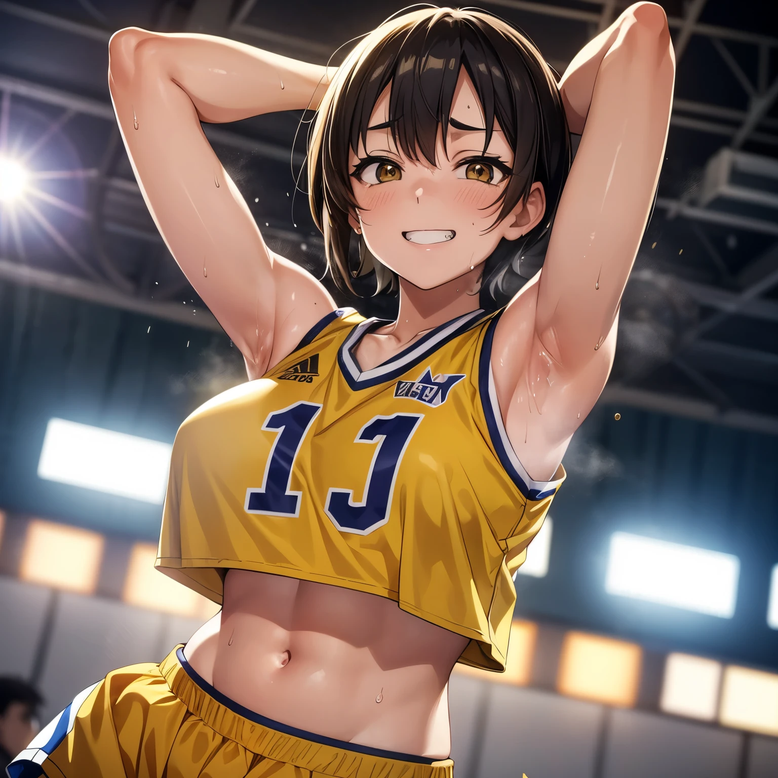 a japanese teenage wearing yellow nba jersey, yellow croptop nba jersey, wearing a low cut croptop, wearing croptop, croptop, golden raito, (winking), shirobako, large)}], favorite scene, fine details. anime. skins, sweating, big breasts, Grin, armpits, armpits visible, dripping with sweat, more more sweat, sweaty armpits, Basketball court, ((blurred background: 1.1)), best quality, masterpiece, 4k