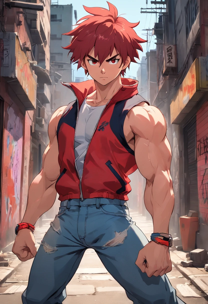 Red hair,teen man,red jacket,Bodybuilding,body in front view,oiled and defined muscles,shredded physique,strong and powerful stance,confident expression,severe lighting,sharp shadows,contrast,high-contrast black and white photography,intense and vibrant red color scheme,bulging veins,extreme detailing in facial features,beard and stubble,hair blowing in the wind,determined gaze,sweat glistening on the skin,ripped jeans,muscular arms and chest,forearms veiny and sculpted,dirt and dust on the body,urban background with graffiti,gritty and edgy atmosphere,determination and resilience,athleticism and strength,imposing presence.