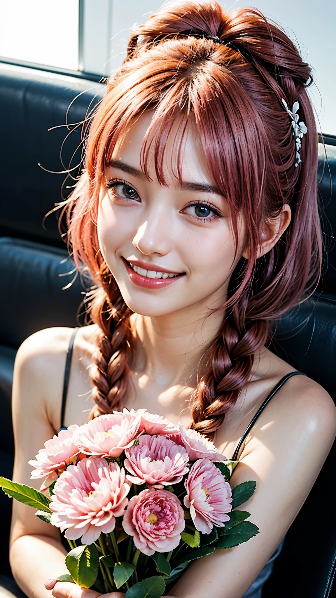 highest quality, masterpiece, Ultra-high resolution, (Realistic:1.4), (Close-up portrait) ((Holding a bouquet of carnations)),RAW Photos, 1 girl,20-year-old,((I'm showing my teeth and smiling)),((Big smile)),((Inside the Shinkansen)),((look up)),((Random cute poses)),,((Passionate pink-haired girl )),Braided Hair,((High Fashion)),Messy Hair,((Cap Chestnut)),((Short bangs)),Realistic,Picture Media Chest)),