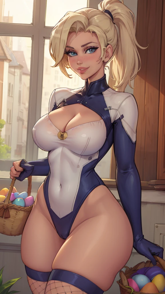 1 girl,(solo), (cowboy shot:1.4), (masterpiece:1.2), (best quality:1.2),looking at viewer,dynamic pose, (ultra detailed),realistic, perfect eyes,blue eyes,short blonde hair,high short ponytail,Mercy, curvy,smile, cleavage,(bunny swimsuit),(bunny ears),(Easter eggs basket),(fishnet stocking),
