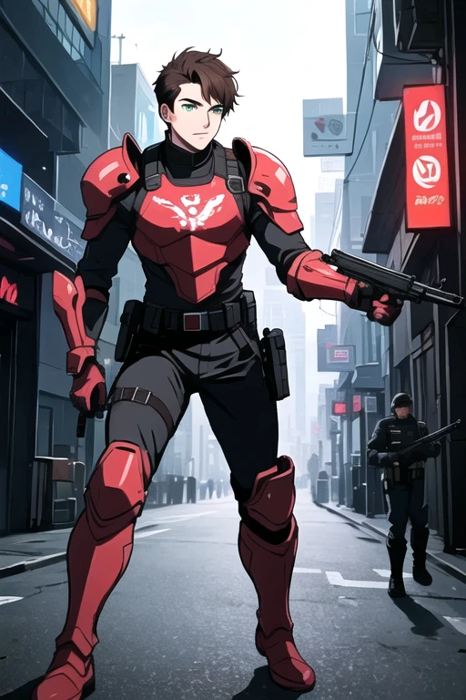 Mox Borden, ((best quality)), ((Masterpiece)), (detailed),((male,)) perfect face mox has brown hair,
cyberpunk, red tactical suit, red armor, red waist, white big symbol on the chest,
a submachinegun in each hand, swat, tactical pants black, it's a man, ((male,)) young man,
has two guns in each hand, police, futuristic lightweight armor,
cute hair, red boots, red knee pad, solo, black belt, anime hair, green eyes, holster,